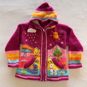Peruvian Children’s Hooded Cardigan Alpaca Embroidery Colorful Folk Sweater